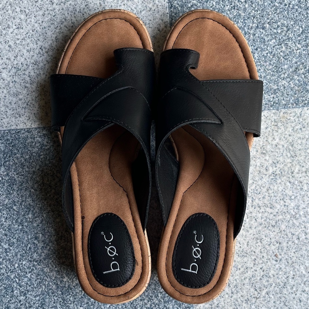 B.O.C. Black and Cork Wedge Sandals size 7